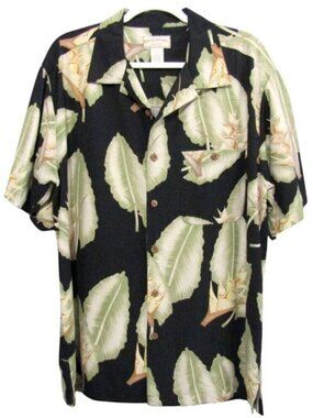 Boca Classics Black Floral Leaf 100% Silk Hawaiian Camp Shirt Size L Tropical